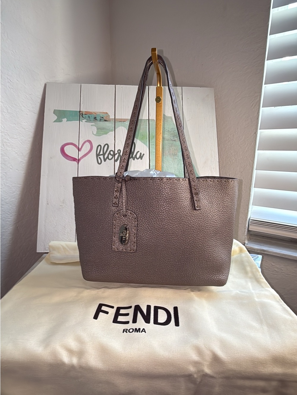 Fendi Selleria grey taupe pebbled soft leather with dust bag